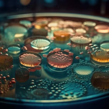 Magnifying glass revealing virus cells in a blood sample on a tray is AI Generative.