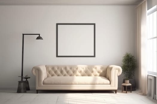 Relax and unwind in this cozy living room with a comfortable white couch and natural light pouring in from the window. AI Generative