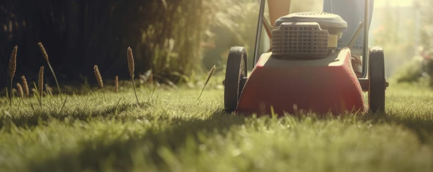 Green thumb woman mowing the grass with a lawnmower on a sunny day, maintaining the landscape. AI Generative.