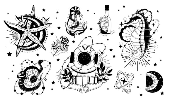 App mystic vector concept. Illustration occultism tattoo, esoteric witchcraft banner sketch.Spiritual occultism symbols, esoteric objects.