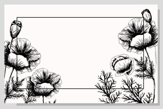 Banner with poppy flowers on a light background. Hand drawn poppy flowers. Symbol of the day of remembrance. Poster for the day of remembrance and victory