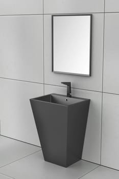 Black floor mounted wash basin with sensor faucet and mirror in the bathroom
