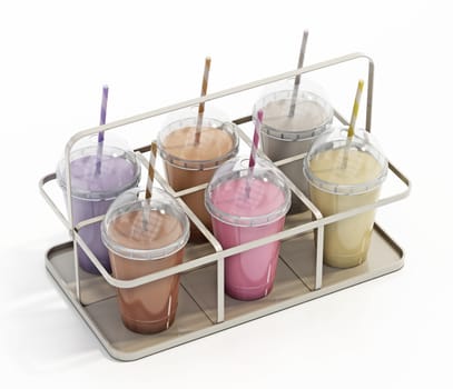 Milkshake disposable cups on tray. 3D illustration.