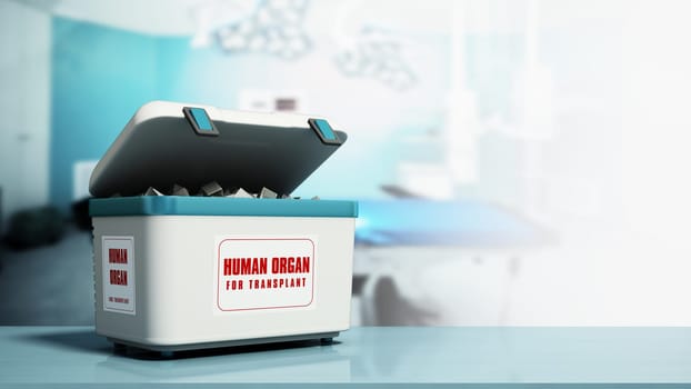 Human organ transport box in the operating room. With copy space. 3D illustration.