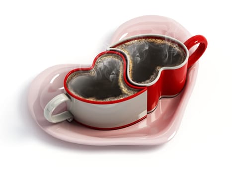 Heart shaped coffee cups on pink heart shaped saucer. 3D illustration.