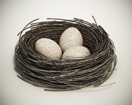 Three bird eggs inside bird's nest. 3D illustration.