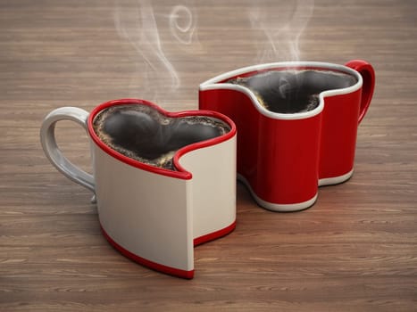Heart shaped coffee cups on wooden table. 3D illustration.