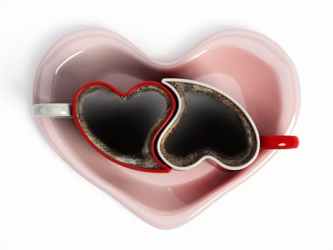 Heart shaped coffee cups on pink heart shaped saucer. 3D illustration.