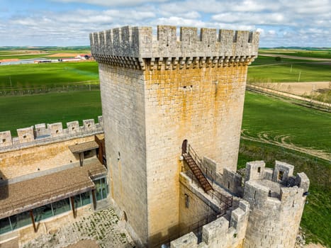 Castle of Villalonso, It is a medieval castle still keeping its interior and its high defensive walls, in province of Zamora, Spain. Aerial view detail of the tower of homage