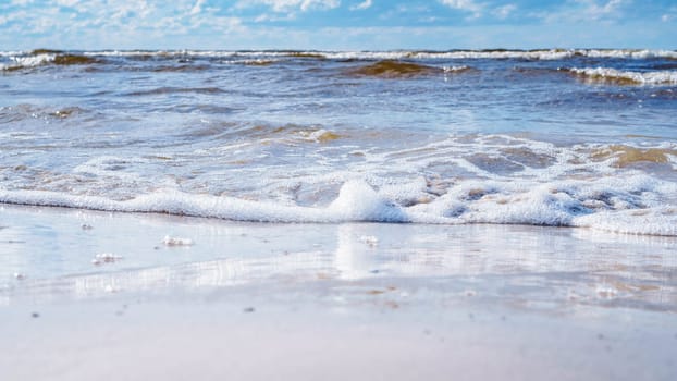 Serene seascape, sky, waves and sand. Meditation and relaxation. Breath of sea. Wonderful moments of life. Tourism and travel. Splendor of nature. Rest and pleasure. Enjoying beautiful.