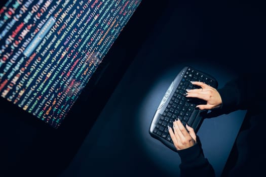 Cyber security threat. Young woman using computer and coding. Internet and network security. Stealing private information. Person using technology to steal password and private data. Cyber attack crime