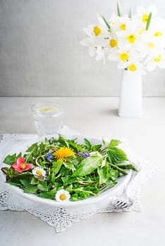 Spring table background with flowers, herbs and plants. Wild garlic, nettle, dandelion and other medicinal herbs and wild edible plants growing in early spring.