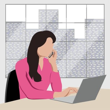 A faceless girl with a phone in her hand sits at a laptop in the office against the background of a window. Online education concept, business concept. Vector image.