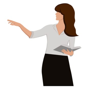 Faceless girl with a book and a raised hand on a white background. Learning concept, business concept. Vector image.