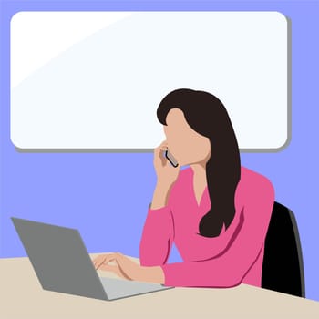 A faceless girl with a phone in her hand sits at a laptop. Online education concept, business concept. Vector image.