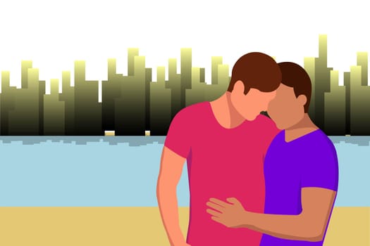Two guys stand hugging on the river bank against the backdrop of the city. Vector image.