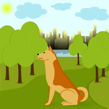 A red dog without an owner sits on a path in a city park. Vector image.