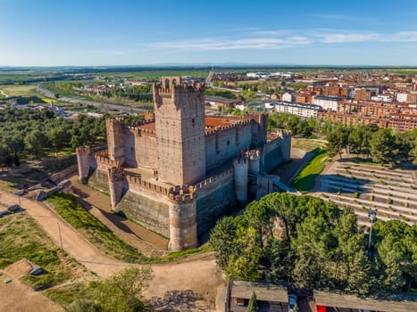 Side aerial panoramic view The medieval Castle of la Mota  in Medina del Campo, Valladolid, Castilla y Leon, Spain