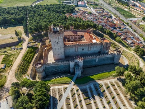 Front aerial view the medieval Castle of la Mota  in Medina del Campo, Valladolid, Castilla y Leon, Spain