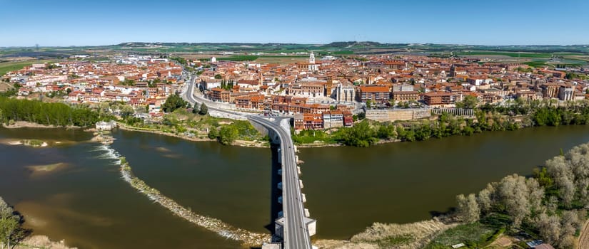 Panoramic view at the village of Tordesillas and Douro River in province of Valladolid, Spain