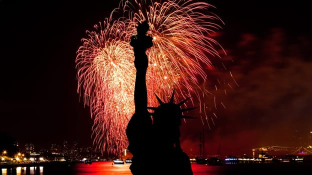 The silhouette of Statue of Liberty Statue of Liberty and July 4th fireworks over Hudson River