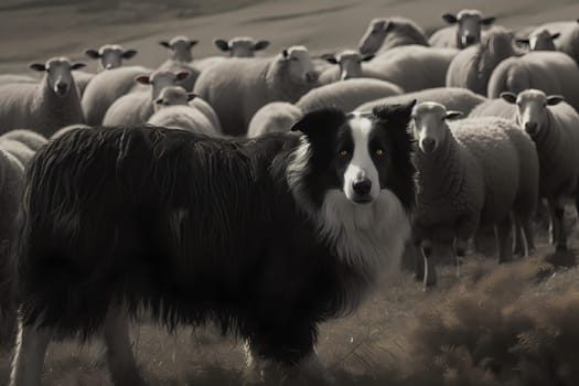 The intelligent Border Collie is expertly herding a flock of sheep and guiding them to their destination.