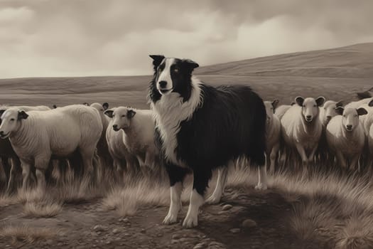 The intelligent Border Collie is expertly herding a flock of sheep and guiding them to their destination.