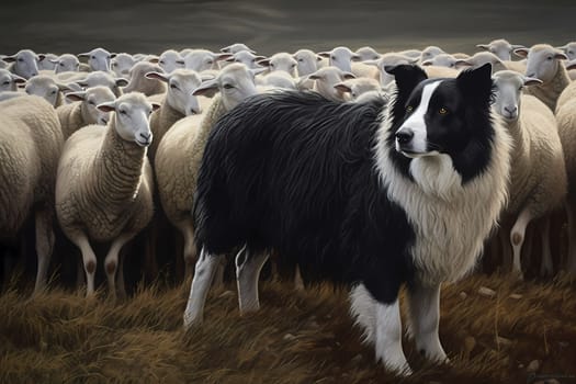 The intelligent Border Collie is expertly herding a flock of sheep and guiding them to their destination.