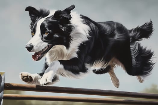 The border collie jumps with grace and precision, each leap higher than the last, a true champion.