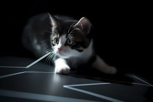 The kitten is frantically chasing a red dot around the room, pouncing and rolling.