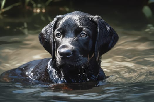 The curious puppy is splashing around in the water, practicing its doggy paddle.