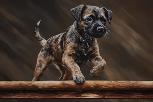 The athletic puppy is practicing for a competition by jumping over obstacles with ease and speed!