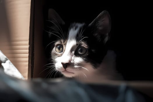 The tiny kitten is peeking out from its cozy hideout, twitching its nose as it watches the world go by.