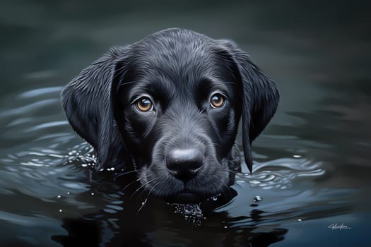 The puppy paddles excitedly in the water, splashing and wagging its tail.