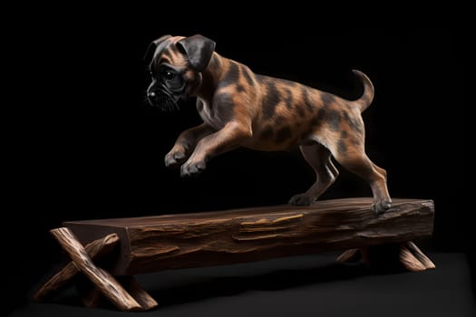 The athletic puppy is practicing for a competition by jumping over obstacles with ease and speed!