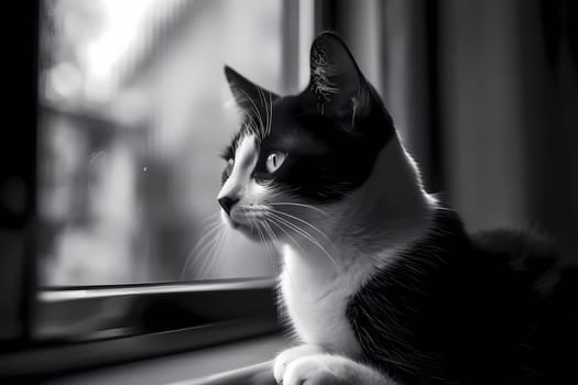 The little black and white feline watches the world outside, tail twitching with excitement.