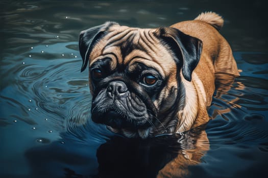 A chubby brown pug paddling in a pool on a sunny day, looking up at his owner with a big smile.