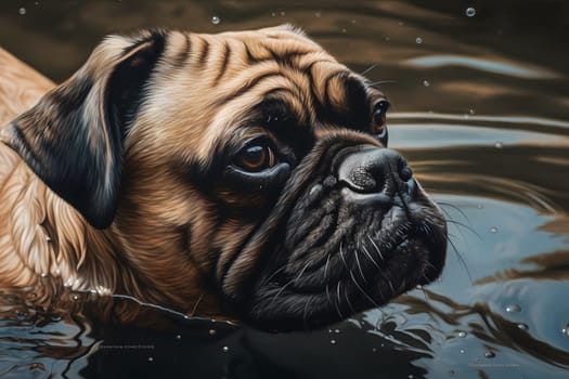 A chubby brown pug paddling in a pool on a sunny day, looking up at his owner with a big smile.