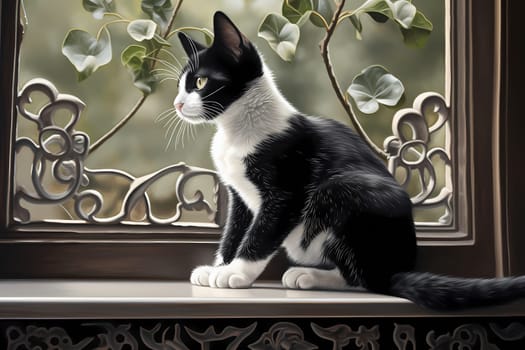 The little black and white feline watches the world outside, tail twitching with excitement.