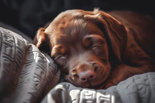 This little puppy is snoozing away in a comfy bed, dreaming sweet dreams.