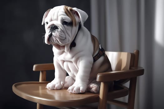 The goofy puppy is sitting in a highchair, wearing a bib and waiting for its meal.