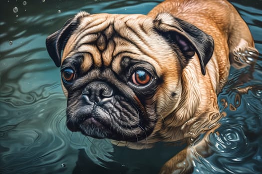 A chubby brown pug paddling in a pool on a sunny day, looking up at his owner with a big smile.
