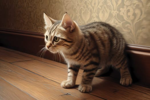 The kitten is cautiously sniffing out every corner and crevice of the unfamiliar space