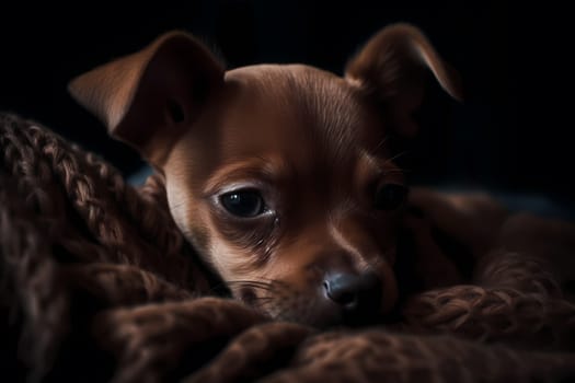 This little puppy is snoozing away in a comfy bed, dreaming sweet dreams.