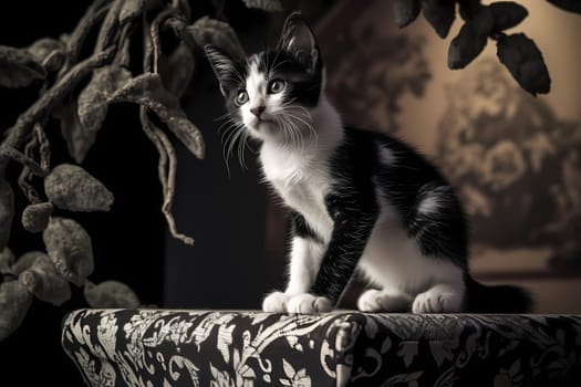 A proud little kitten surveys their kingdom from atop a cat tree, victorious in their climb to the top.