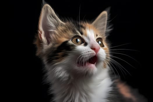 The vocal calico kitten is meowing loudly, demanding attention from its human companion with a cute, raspy meow.