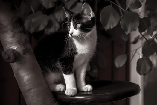 A proud little kitten surveys their kingdom from atop a cat tree, victorious in their climb to the top.