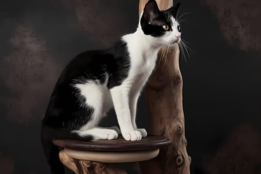 A proud little kitten surveys their kingdom from atop a cat tree, victorious in their climb to the top.