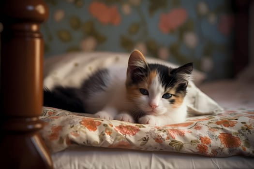 The adorable kitten is fast asleep, snuggled up in a warm and comfy bed.
