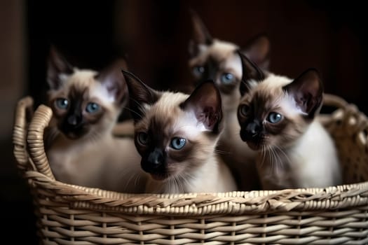 The little kittens are piled up in a basket, sleeping peacefully with their tiny paws crossed over. We can see their little faces sticking out.
